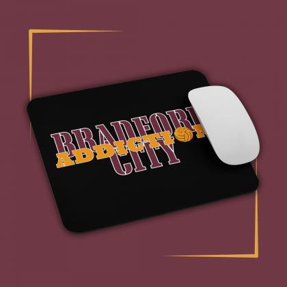 Mouse pad with design isnpired by Bradford City AFC with text Bradford City Addicition in black background