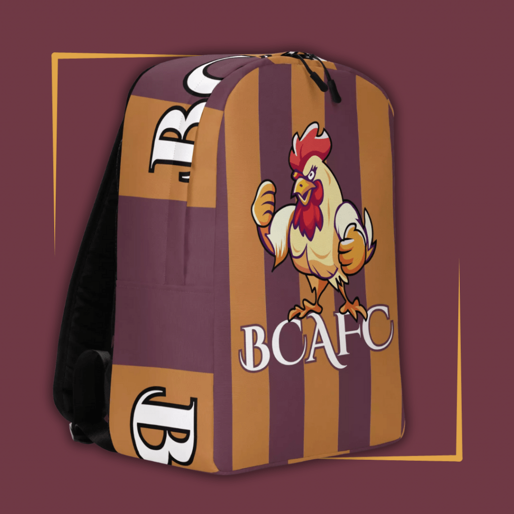 Bradford City AFC inspired backpack with image of the Bantam and text BCAFC